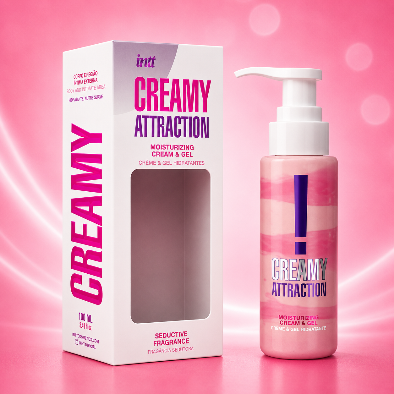 Feuchtigkeitscreme und Gel Creamy Attraction, 100 ml, in rosa Flasche mit Pumpspender und Verpackung, cremig-rosa Konsistenz