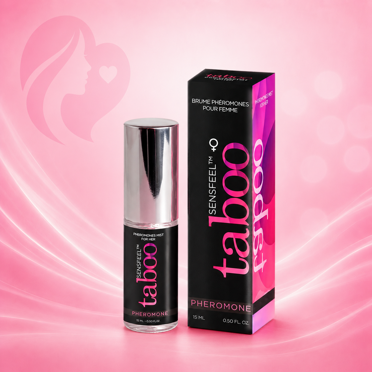 Pheromonspray für Frauen, 15 ml, schwarzes Pumpflacon mit silbernem Verschluss, schwarze Verpackung mit pinkem Schriftzug