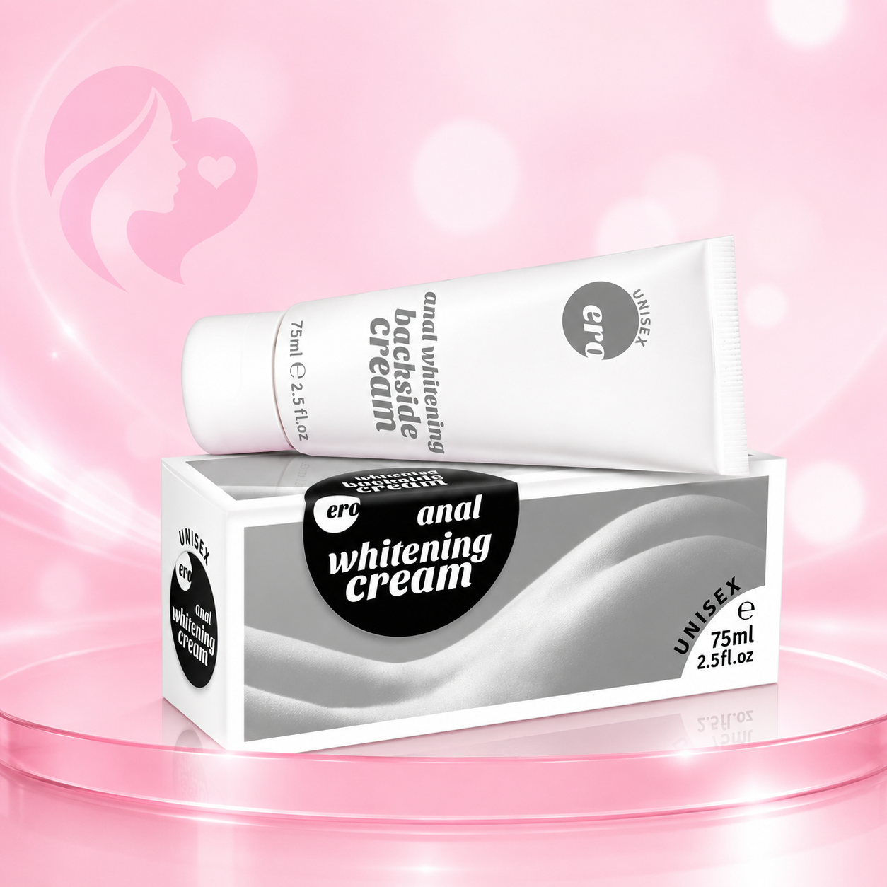 Tube und Schachtung einer Anal-Whitening-Creme, 75 ml, weiße Tube mit grauem Text und weißer Schachtung mit schwarzem Label