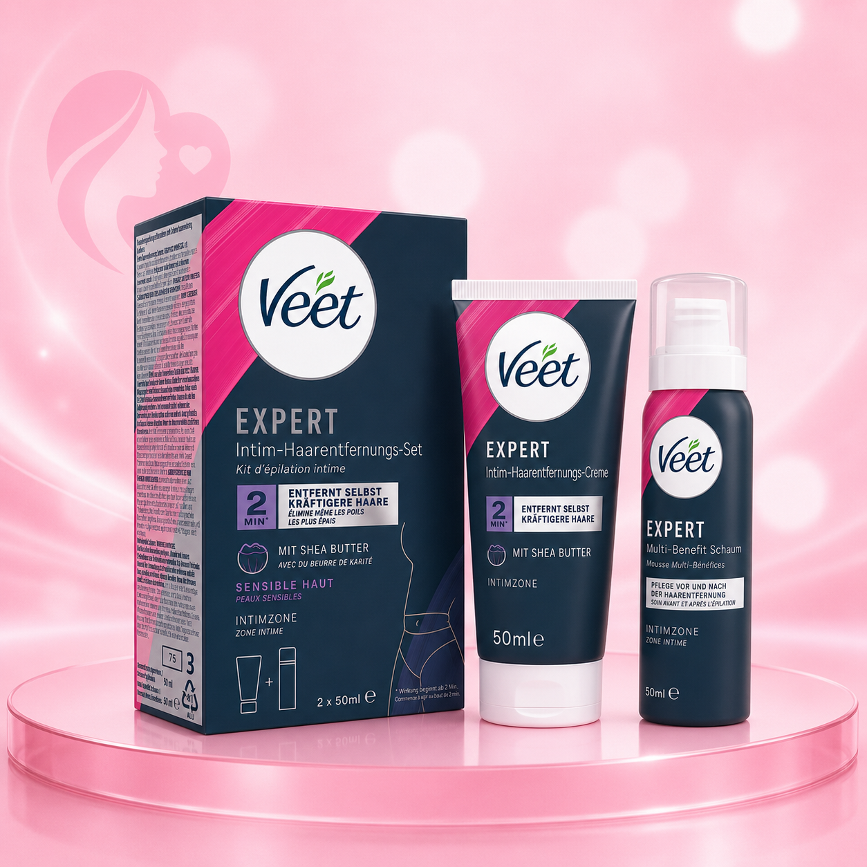 Veet Expert Intim-Haarentfernungs-Set mit Creme und Schaum, 2 x 50ml, mit Shea Butter für sensible Haut