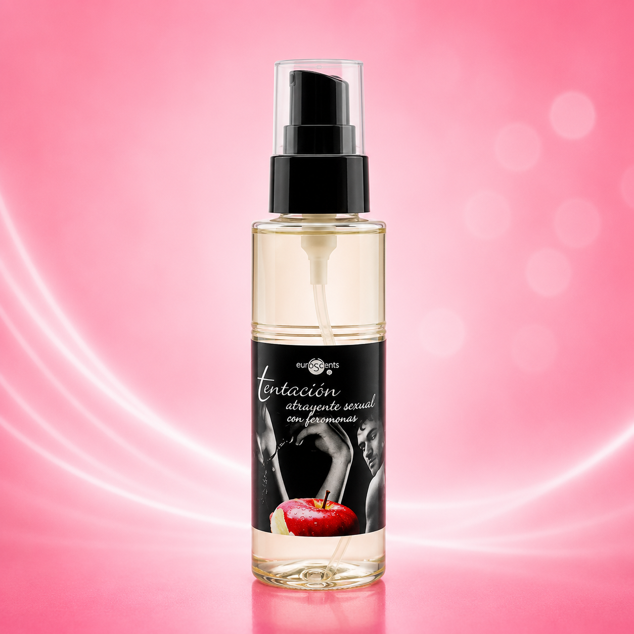 Raumspray in Glasflasche mit Sprühpumpe, schwarzes Etikett, klare Flüssigkeit, 150ml Inhalt
