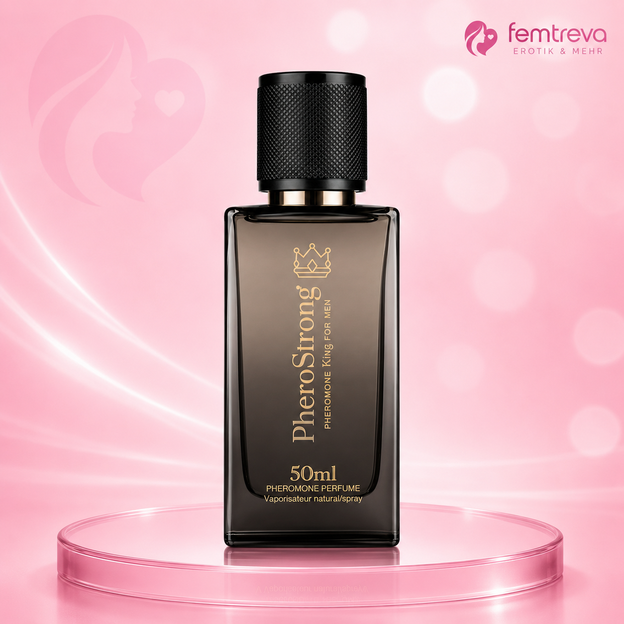 Pheromone Parfüm PheroStrong für Männer, 50 ml Flasche, Glasflacon mit schwarzem Sprühverschluss und Krone-Logo, dunkelgraues bis schwarzes Farbverlauf