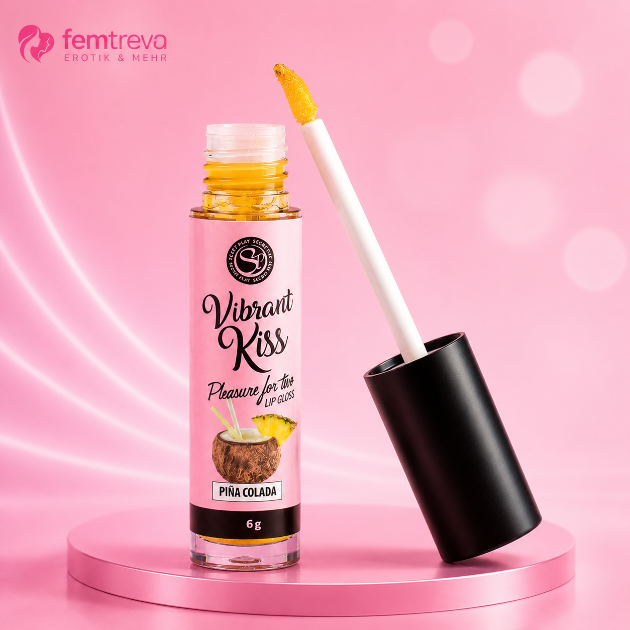 Lipgloss Vibrant Kiss in Pina Colada mit gelbem Gloss und weißem Applikator, schwarzer Kappe, 6 g