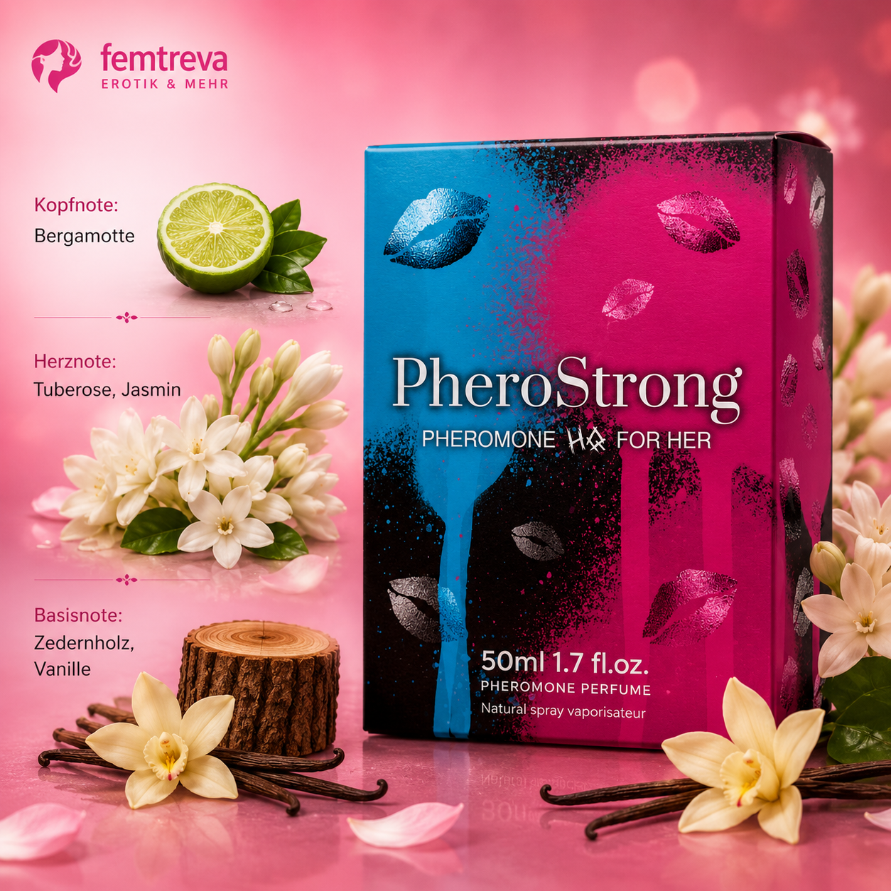 Pherostrong Pheromone Parfüm für Sie, 50ml Flakon, blau-pink-schwarze Verpackung mit Lippen-Design