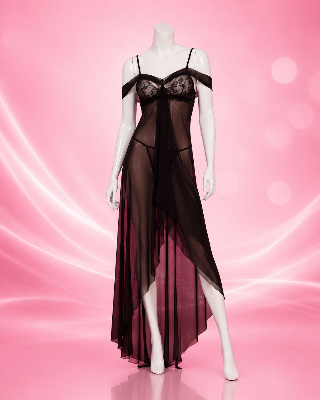 Langes Babydoll aus Spitze und Chiffon mit Cold-Shoulder-Design, Spitzenbustier und fließendem Rock