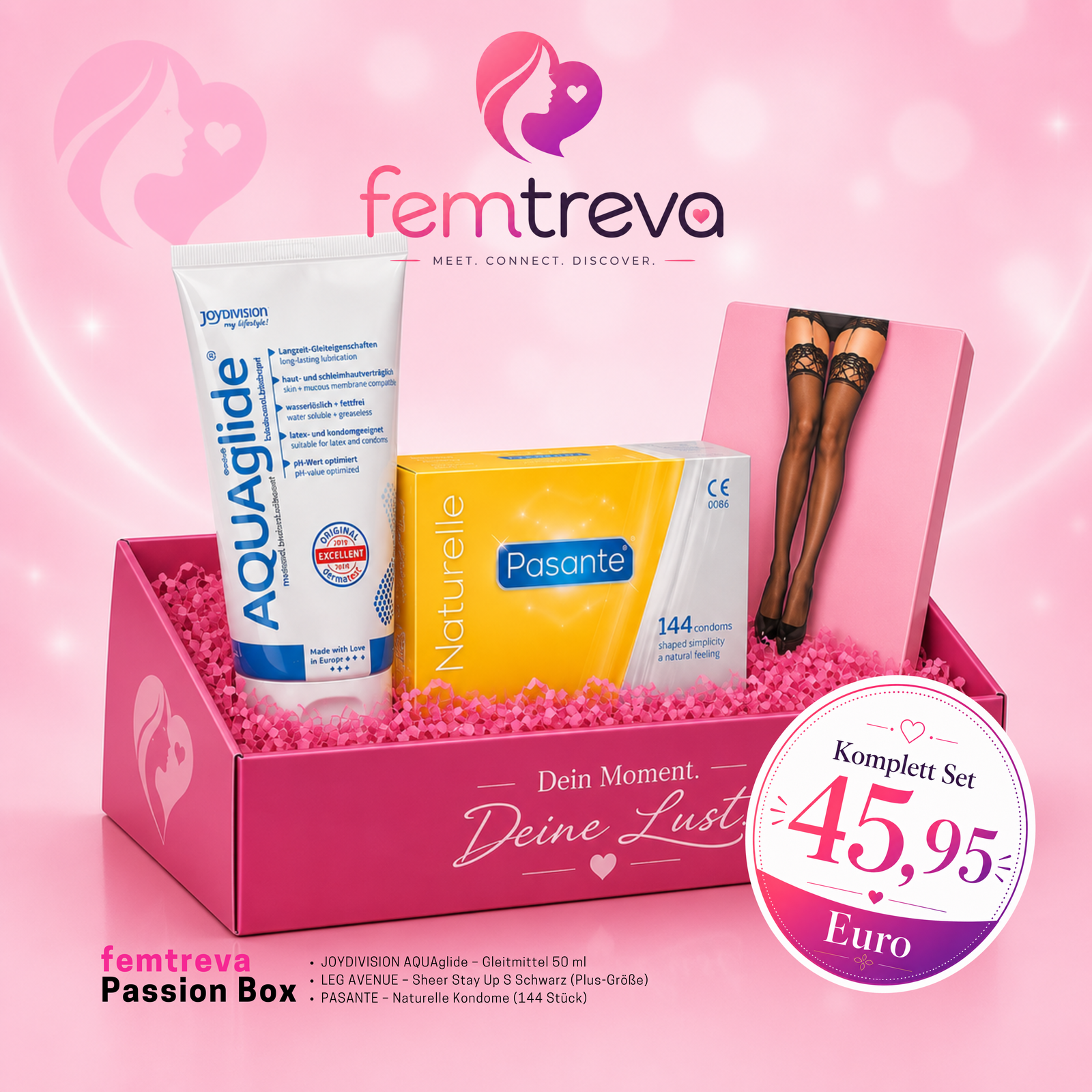 femtreva Passion Box mit Gleitgel, Kondomen, Strümpfen und rosafarbenem Füllmaterial in pinker Kartonbox