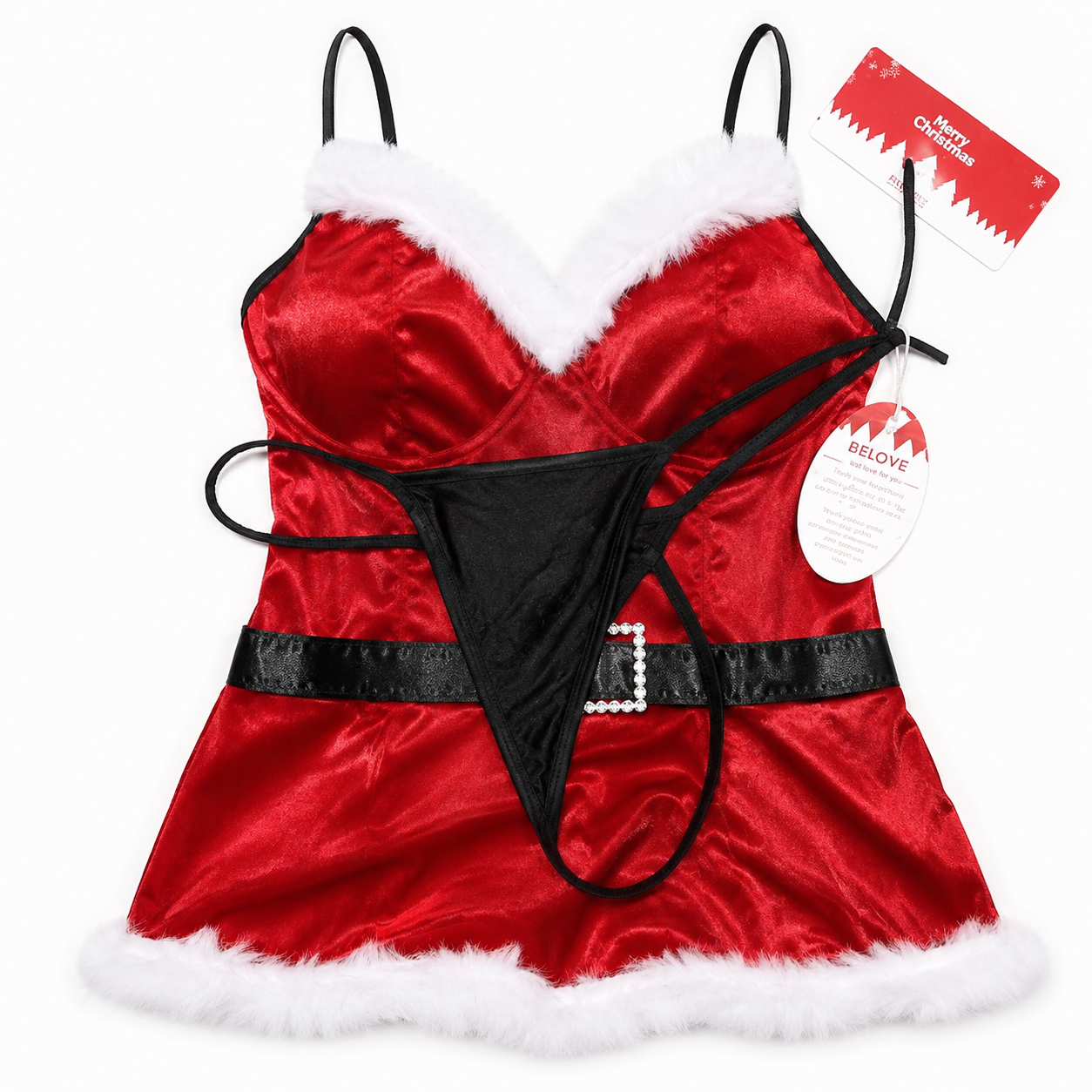 Weihnachts-Babydoll aus rotem Samt mit weißem Fellerbesatz, schwarzen Trägern, schwarzem Slip und schwarzem Glitterband