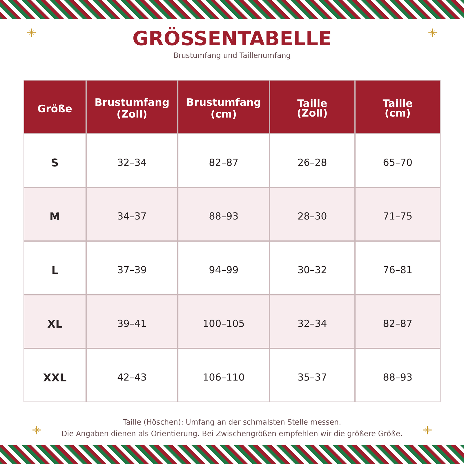 Größentabelle mit Brustumfang und Taillenumfang in Zoll und Zentimetern für die Größen S bis XXL