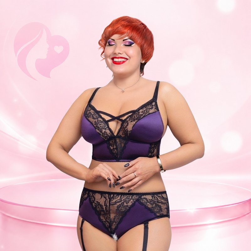 BH-Set aus Baumwolle und Spitze, lila mit schwarzen Spitzeneinsätzen, mit passendem Slip und Strumpfhalter, Größe 4XL