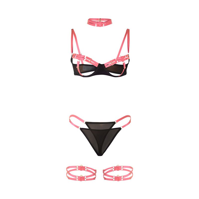SUBBLIME - 955304 BH-SET MIT HALSKETTE UND BEINDETAILS FLUORESZIERENDES ROSA L/XL