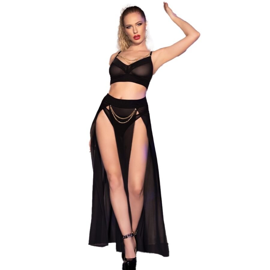 CHILIROSE - CR 4672 SCHWARZER TOP-ROCK UND TANGA MIT GOLDENEN KETTEN